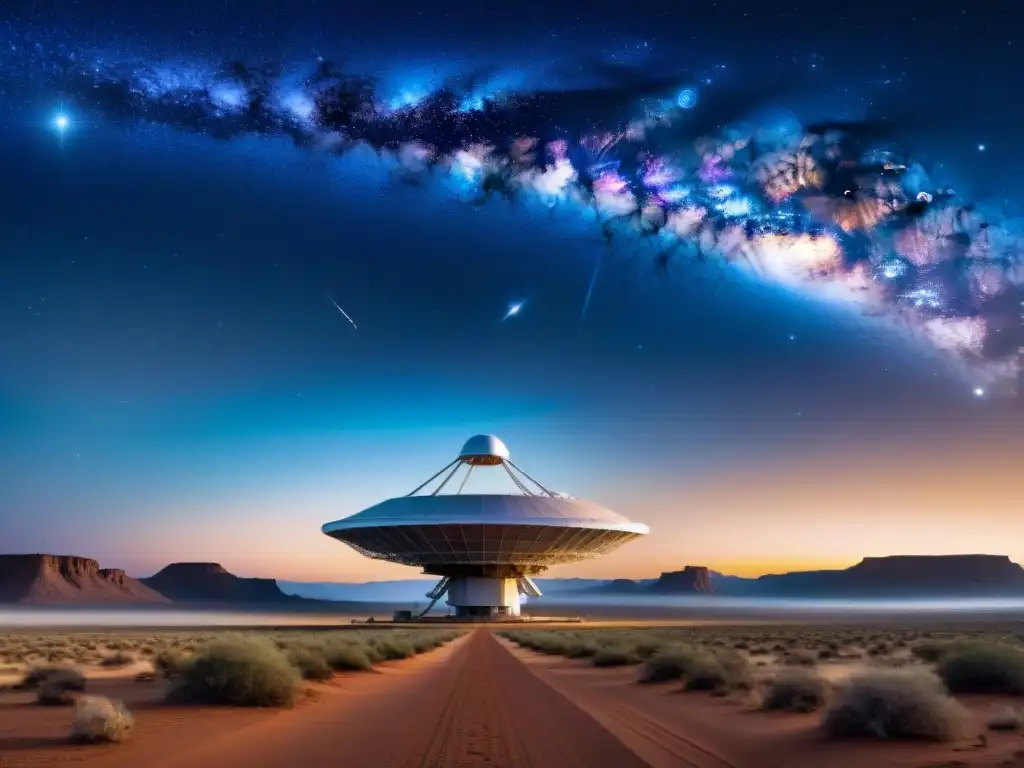 Colosal array de telescopios apuntando a una galaxia distante bajo un cielo estrellado, en búsqueda de comunicación con civilizaciones extraterrestres