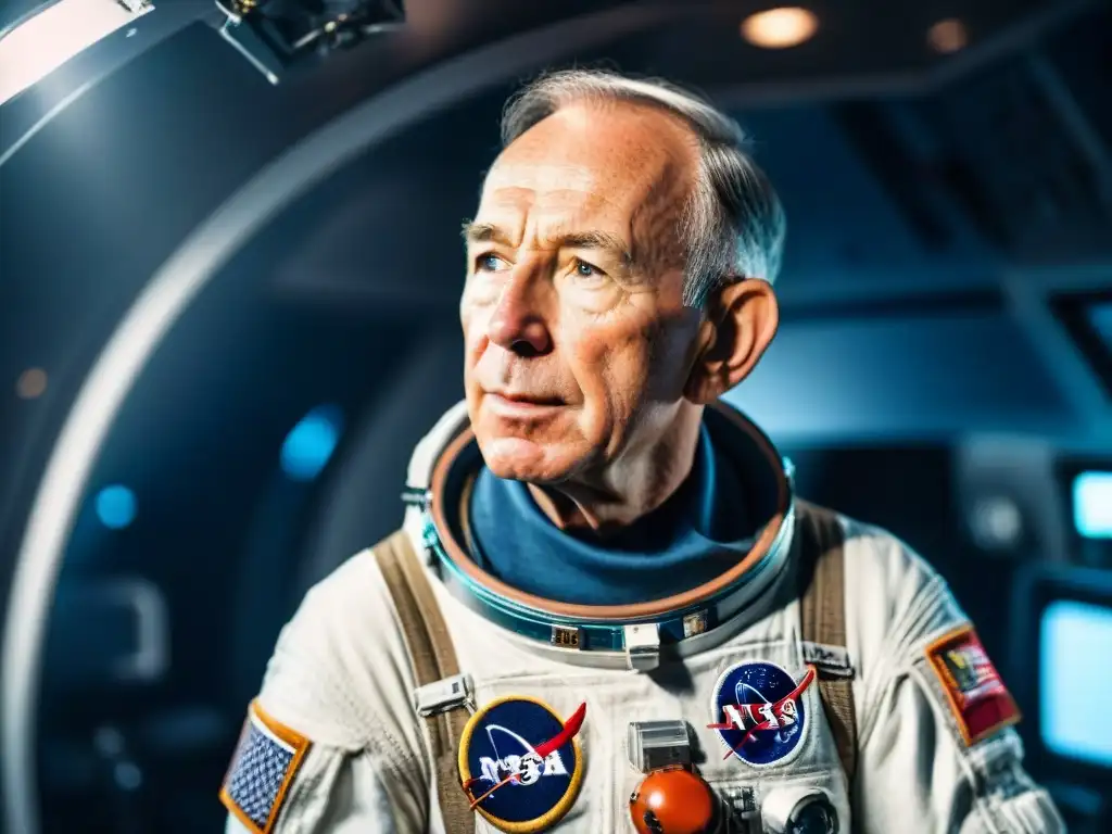 Jim Lovell comandante Apolo 13 enfocado en la nave espacial, rodeado de equipo detallado y la vastedad estelar del espacio