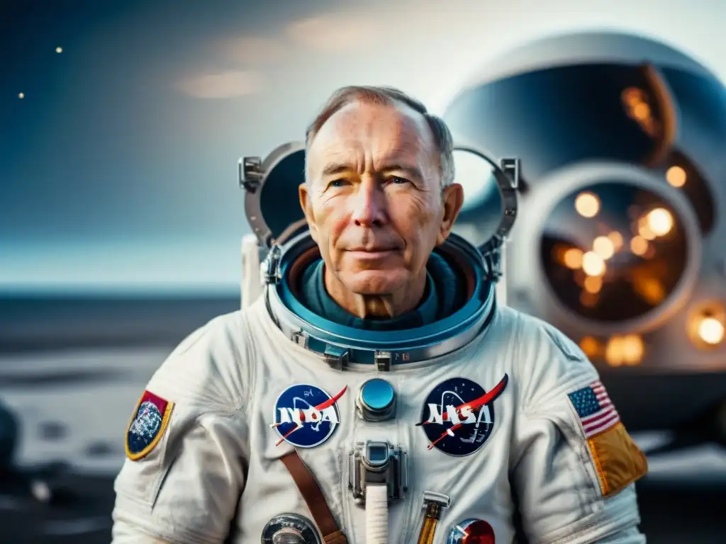 Comandante Jim Lovell frente a la nave Apolo 13, transmitiendo determinación y valor en el espacio