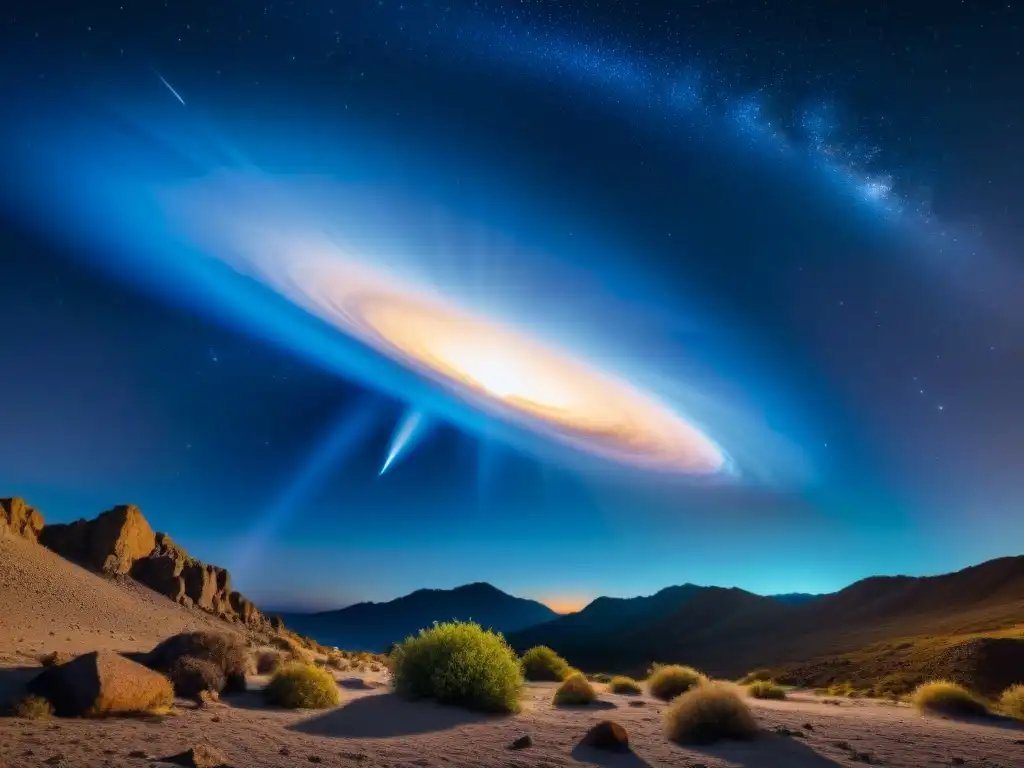 Un cometa surcando el cielo nocturno, rodeado de estrellas, evocando historias y mitos, fusionando ciencia y maravilla