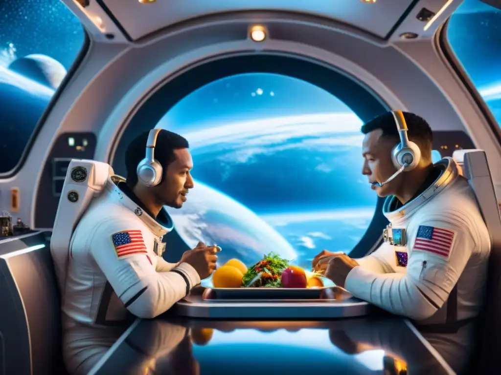 Comida para astronautas en espacio: Cafetería futurista en nave espacial con astronautas disfrutando una comida juntos