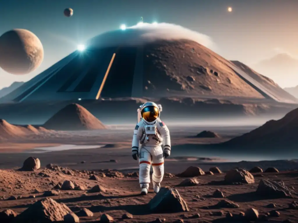 Competencia global por recursos en asteroide: astronautas, naves y tecnología en paisaje espacial