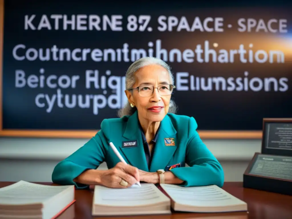 Katherine Johnson, matemática de NASA, resuelve complejos problemas rodeada de fórmulas en una habitación iluminada