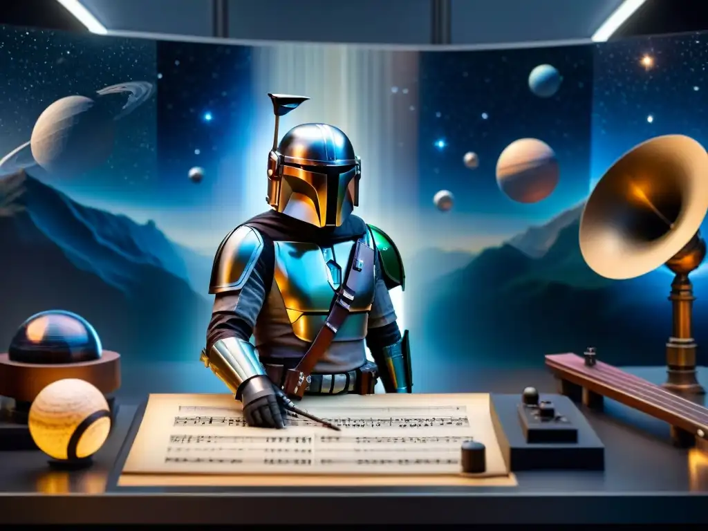 Compositor inmerso en partitura para 'The Mandalorian', rodeado de notas y tecnología futurista, con fondo galáctico