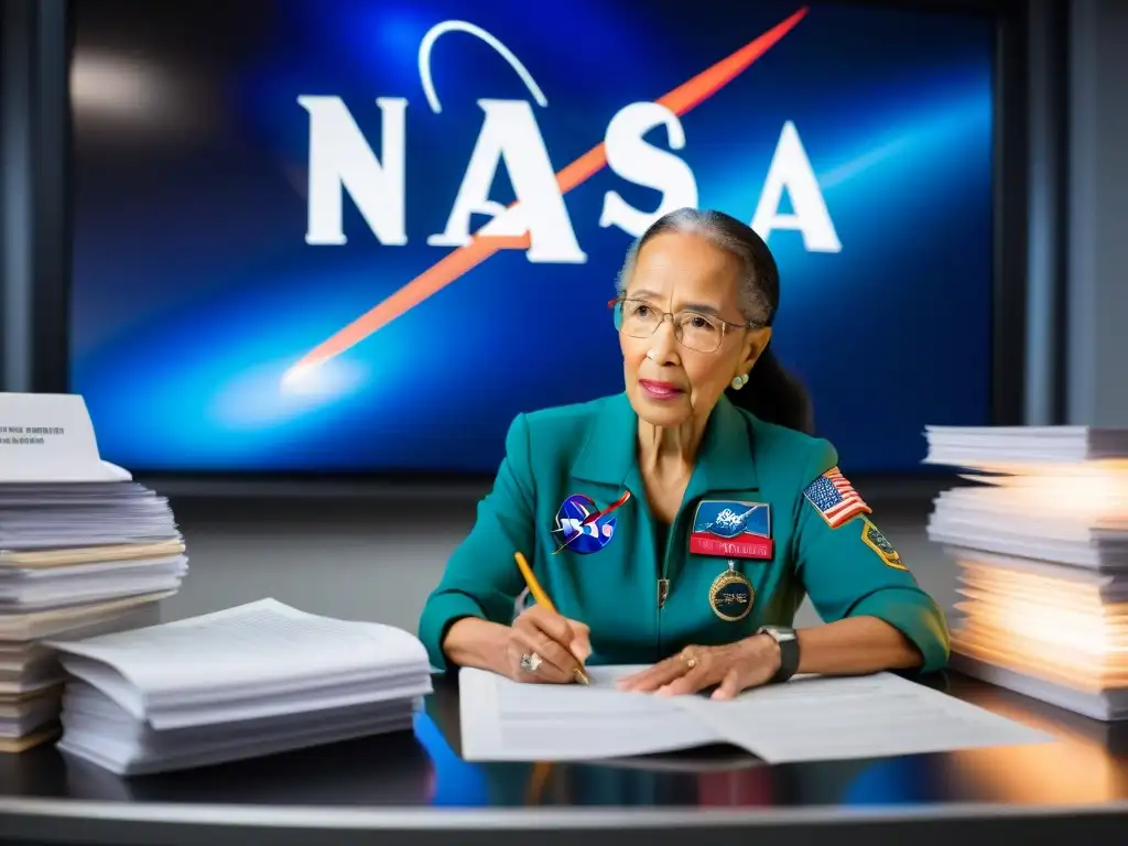 Katherine Johnson, matemática de la NASA, concentrada en su escritorio rodeada de cálculos y gráficos, un símbolo de éxito en la exploración espacial