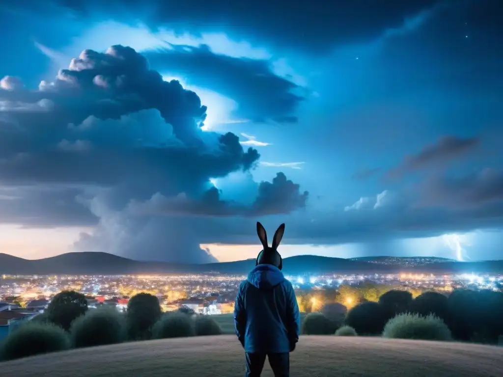 Un conejo en un vórtice de nubes, evocando mundos alternativos en Donnie Darko