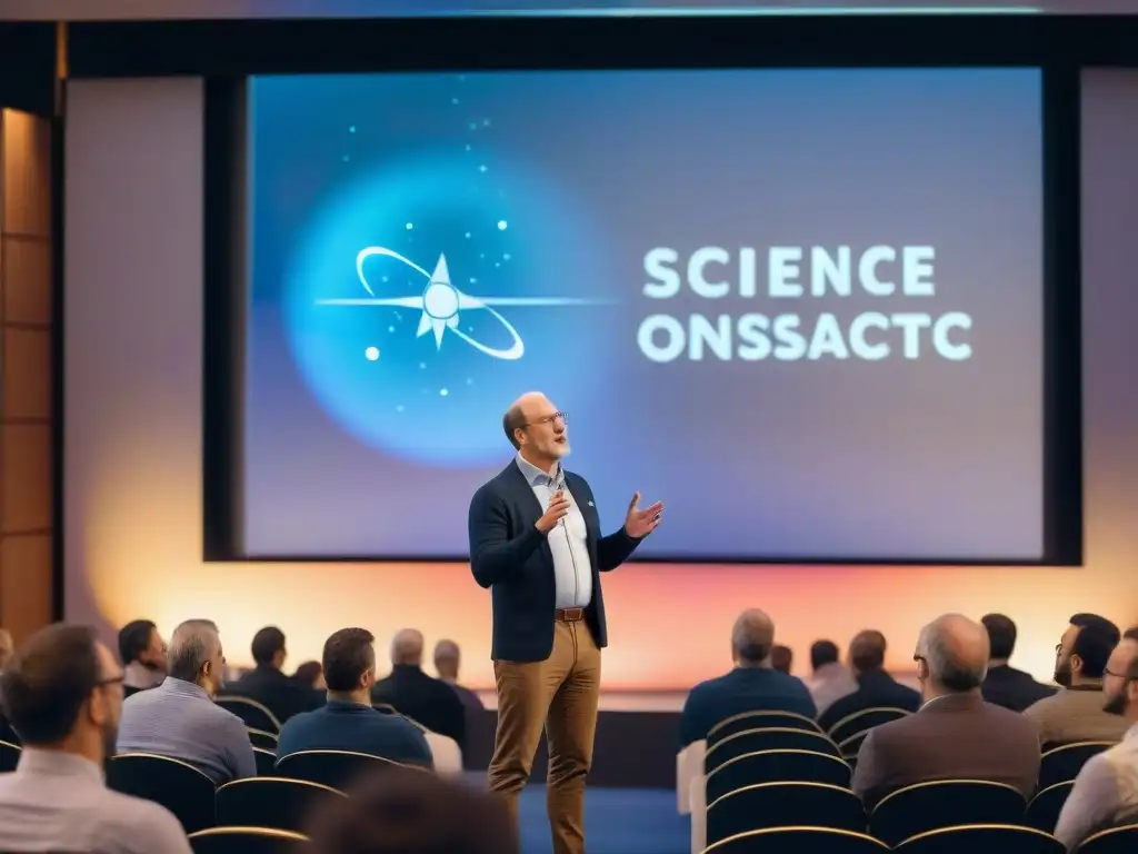 Conferencia de ciencia espacial con Phil Plait desmitificando conocimientos ante audiencia diversa