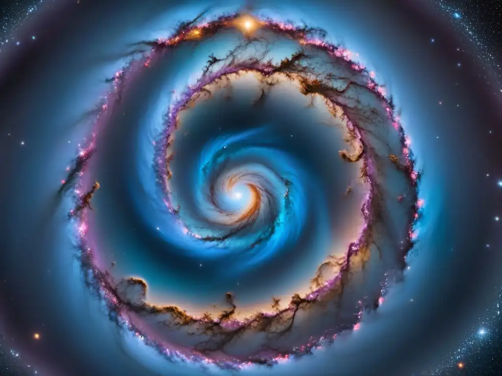 Configuración apps preferencias experiencia espacial: una galaxia espiral majestuosa con tonos azules, púrpuras y rosados, polvo cósmico y estrellas