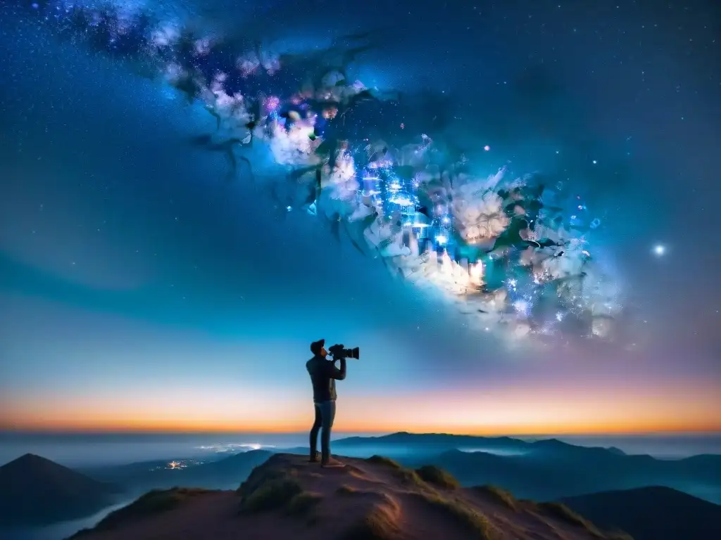 Consejos astrofotografía universo principiantes: Persona capturando la belleza estelar nocturna con cámara y trípode bajo la Vía Láctea