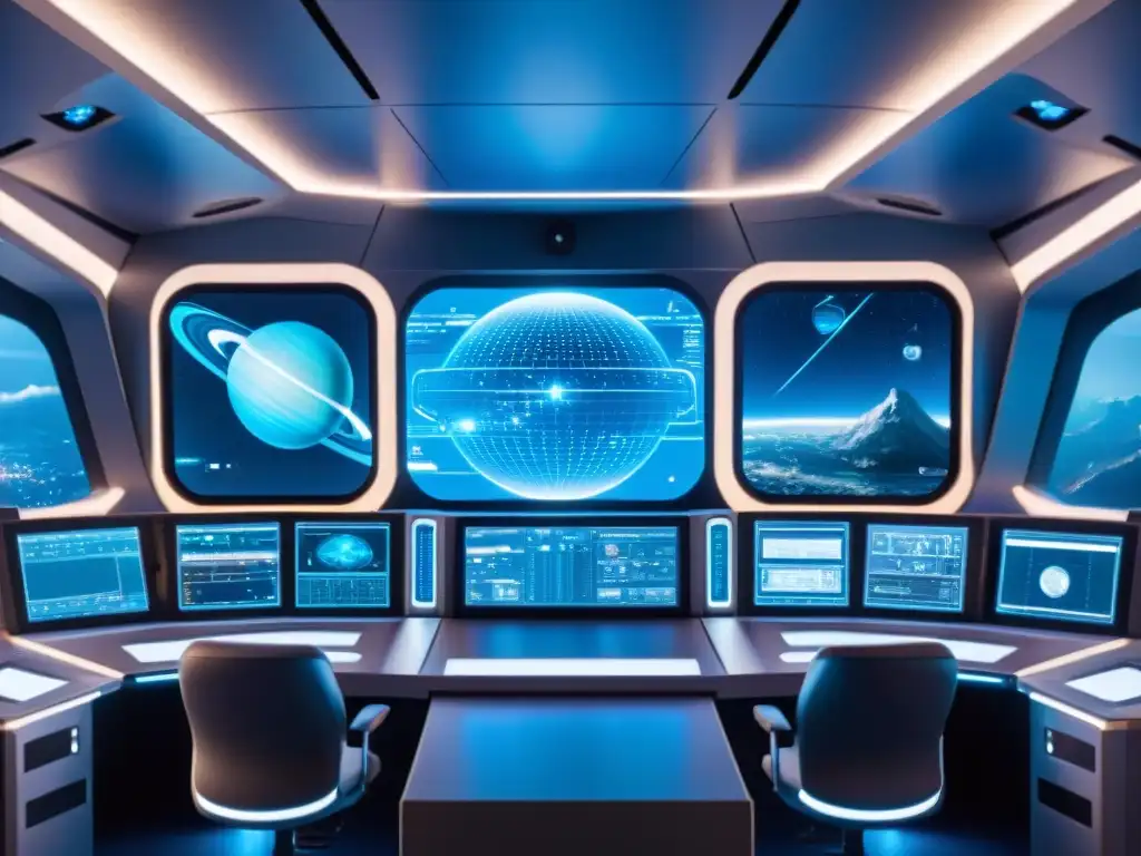 Control de nave espacial futurista con tecnología avanzada y vista al espacio exterior