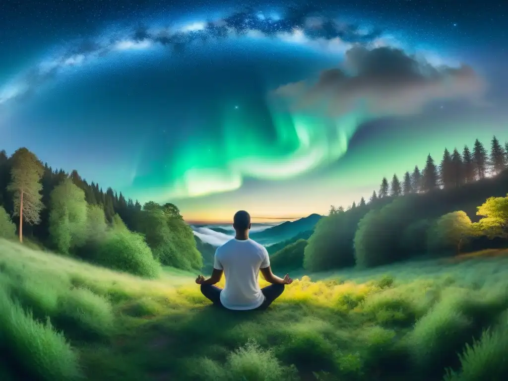 Meditación cósmica para encontrar paz: Persona en meditación bajo un cielo estrellado y árboles antiguos