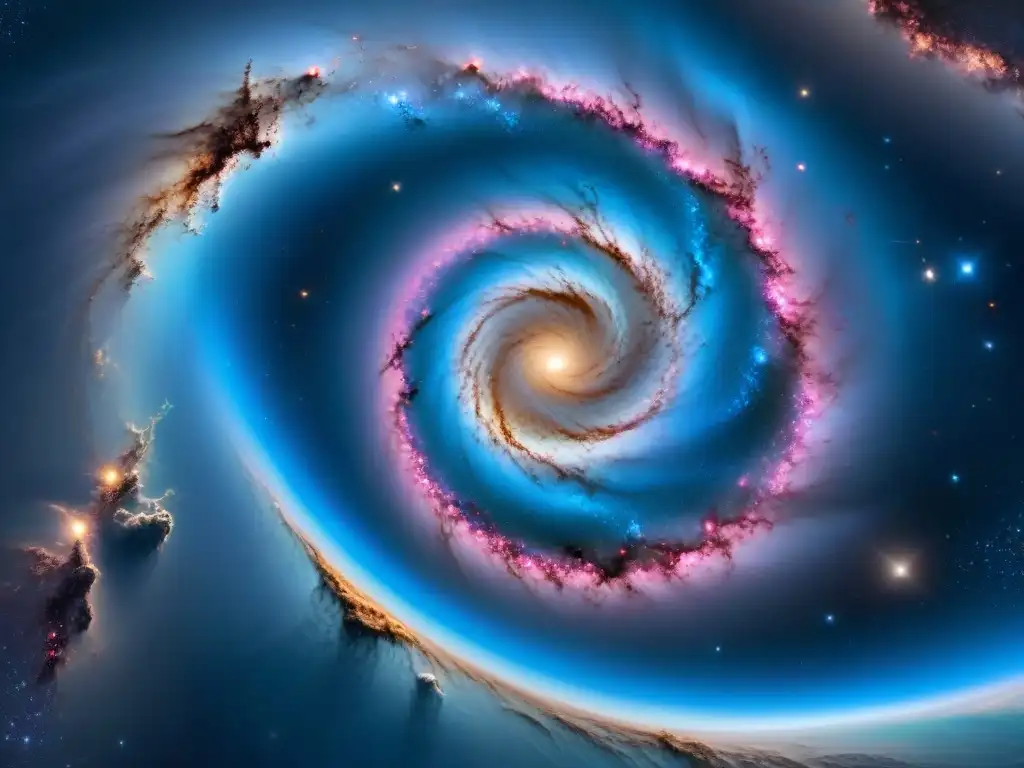 Explora el cosmos: una galaxia espiral con estrellas azules y naves espaciales