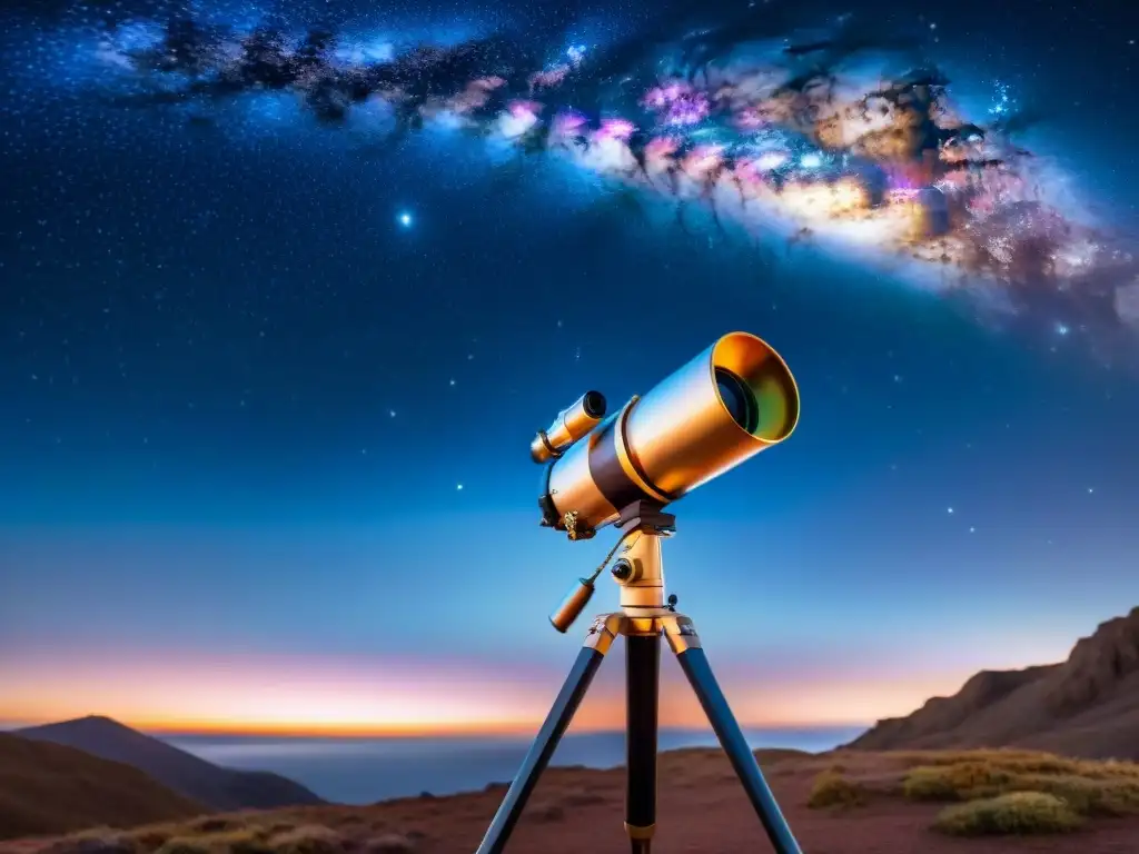 Explora el cosmos con uno de los mejores telescopios para principiantes, frente a un cielo estrellado y galaxias