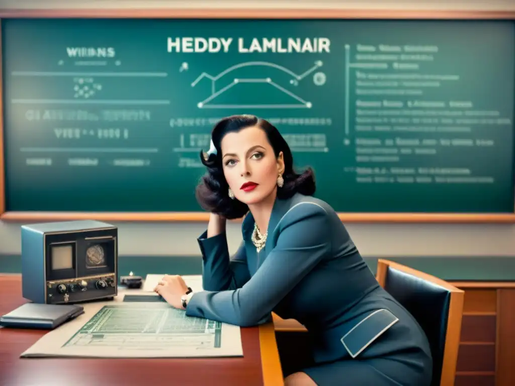 Hedy Lamarr inventora tecnología WiFi, visión creativa y tecnológica en imagen detallada