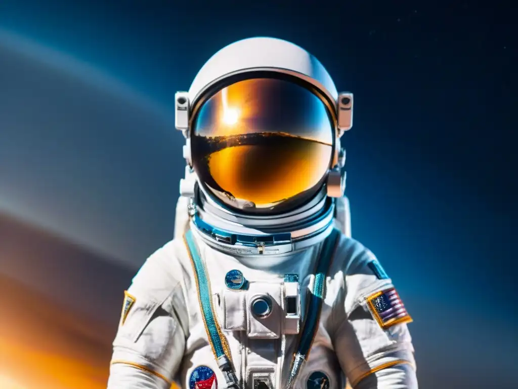 Sobrevivir cuerpo humano espacio: Astronauta flotando en el espacio, con la Tierra brillando al fondo y el sol reflejándose en su visor