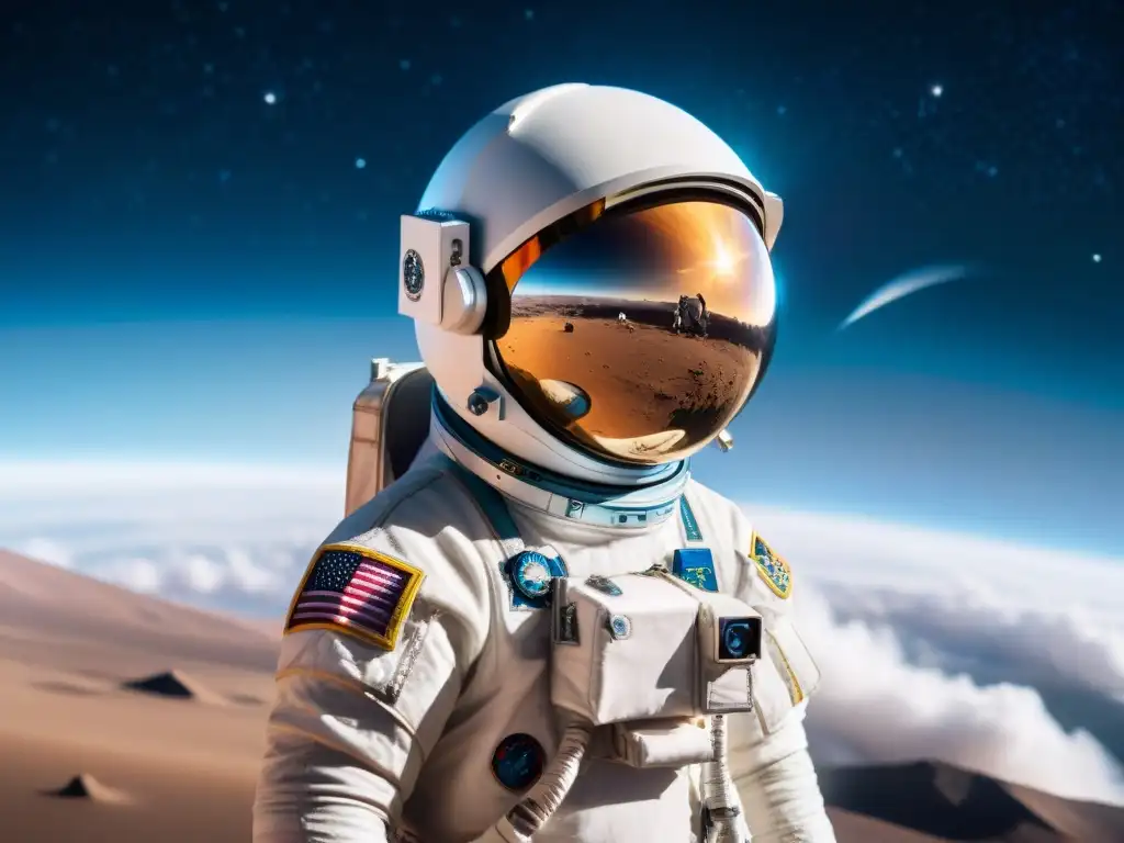 Explorando educación y cultura en el espacio: un astronauta flota con la Tierra de fondo, luciendo un traje espacial futurista