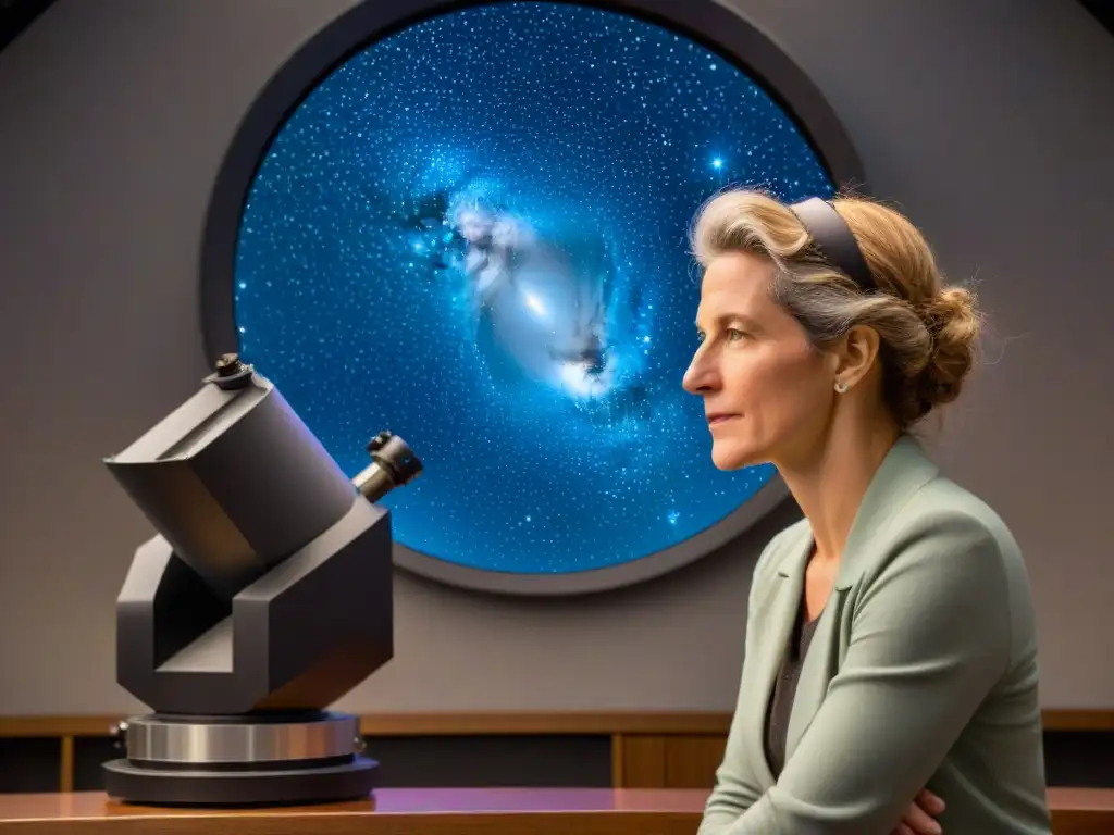 Annie Jump Cannon clasificación estrellas con dedicación en observatorio iluminado, rodeada de gráficos astronómicos