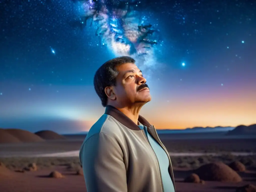 El astrofísico Neil deGrasse Tyson, maravillado frente al telescopio, conectando con el cosmos estrellado