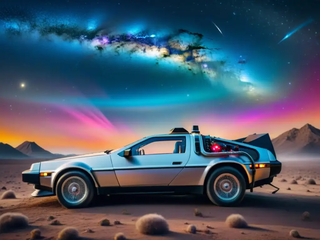 Un DeLorean futurista surca un agujero de gusano cósmico rodeado de galaxias y estrellas, en una fusión de ciencia ficción y exploración del universo