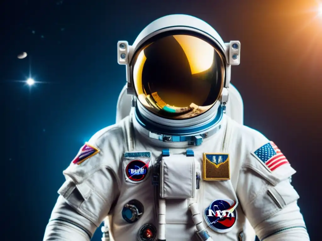 Tras la evolución del desarrollo trajes espaciales carrera comercial, un astronauta flota en el espacio entre las estrellas