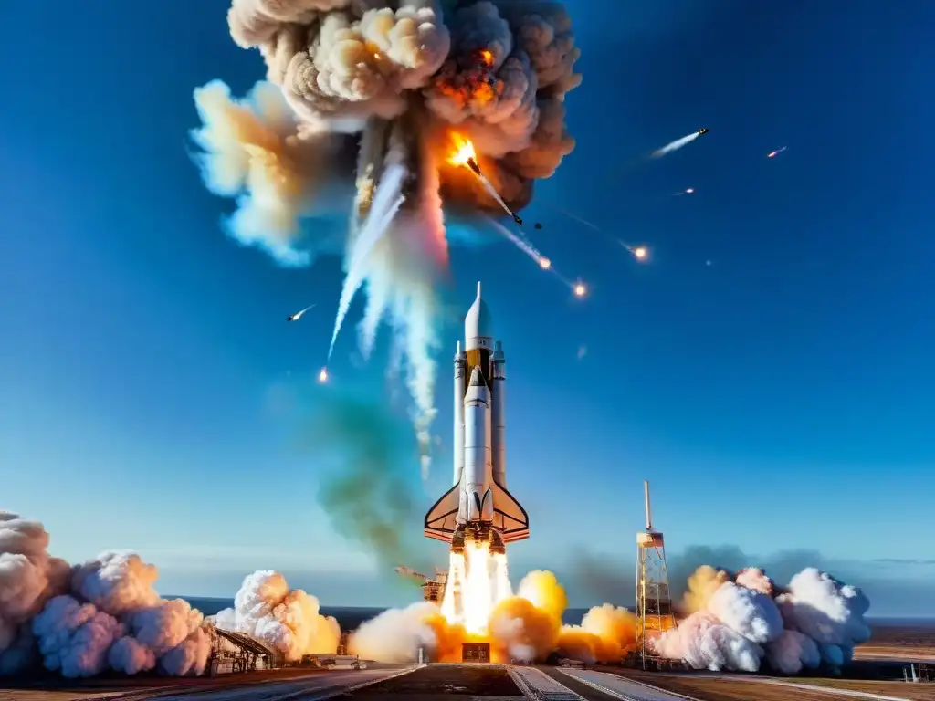 Desastre en lanzamiento de cohete: explosión de fuego y escombros en una instalación de lanzamiento espacial