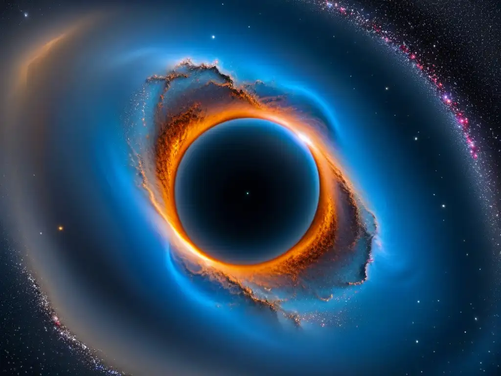 Galaxia misteriosa: agujero negro y estrellas brillantes Descubrimiento de agujeros negros en el universo: un remolino masivo rodeado de estrellas y polvo cósmico colorido