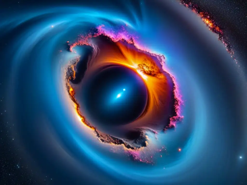 Vórtice cósmico: agujero negro devorando estrellas en nebulosa brillante Descubrimiento agujeros negros universo: imagen detallada de un agujero negro masivo con nebulosa vibrante y estrellas siendo absorbidas