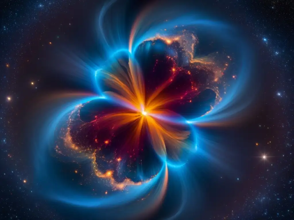 Descubrimiento de Antimateria en Estrellas: Una estrella masiva rodeada por partículas de antimateria, creando un impactante contraste en el espacio