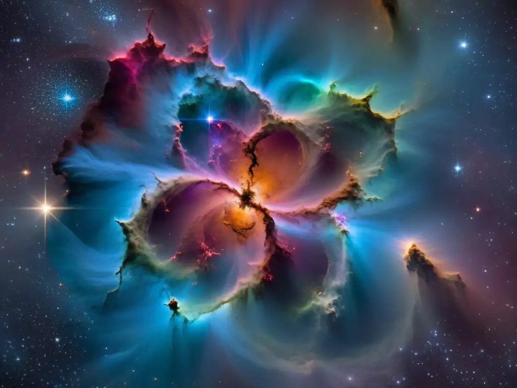 Descubrimiento de antimateria en estrellas: Nebulosa hipnótica llena de colores vibrantes y energía cósmica en el espacio profundo