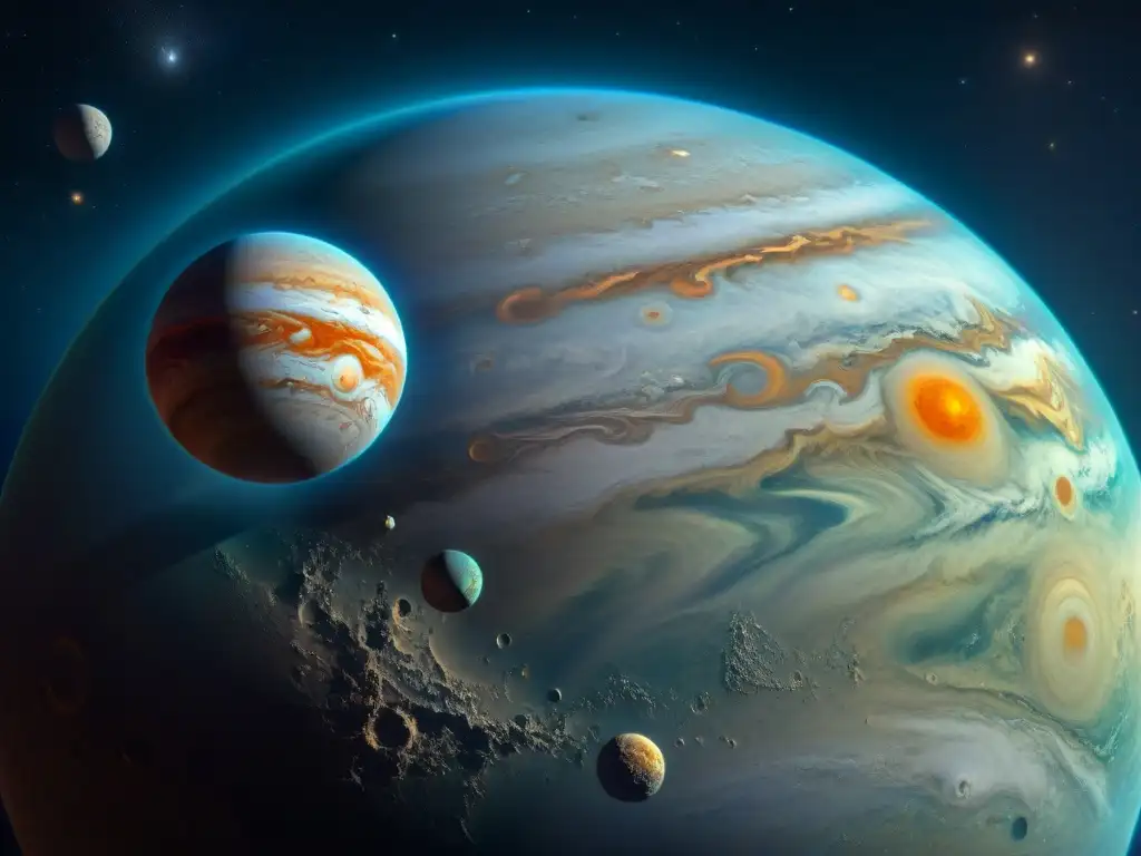 Descubrimiento de las lunas galileanas: Jupiter y sus lunas Io, Europa, Ganímedes y Calisto, en una imagen de alta definición