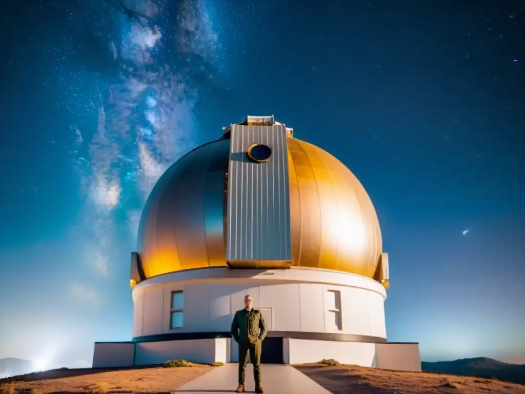 Descubrimientos de Edwin Hubble: Hubble frente al Telescopio Hale en Palomar, admirando el universo estrellado