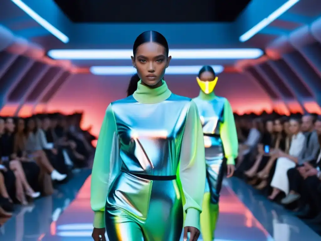 Desfile futurista de moda espacial con influencias de ciencia ficción Desfile futurista en estación espacial plateada con moda influenciada por la ciencia ficción