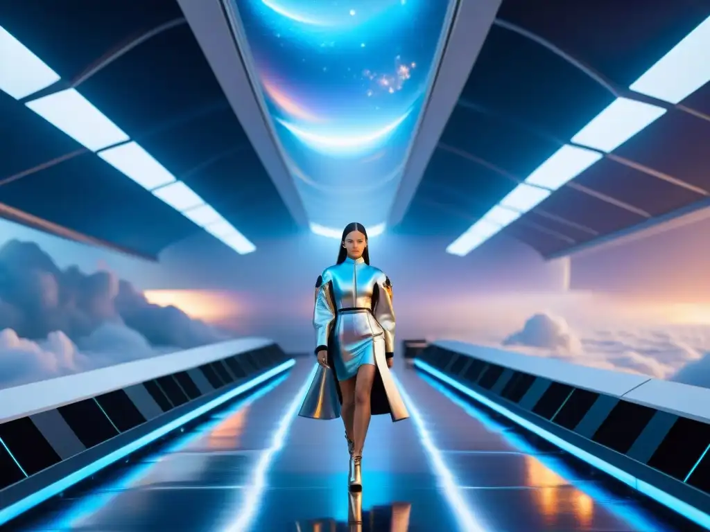 Desfile de moda espacial influenciada por ciencia ficción en una estación espacial futurista