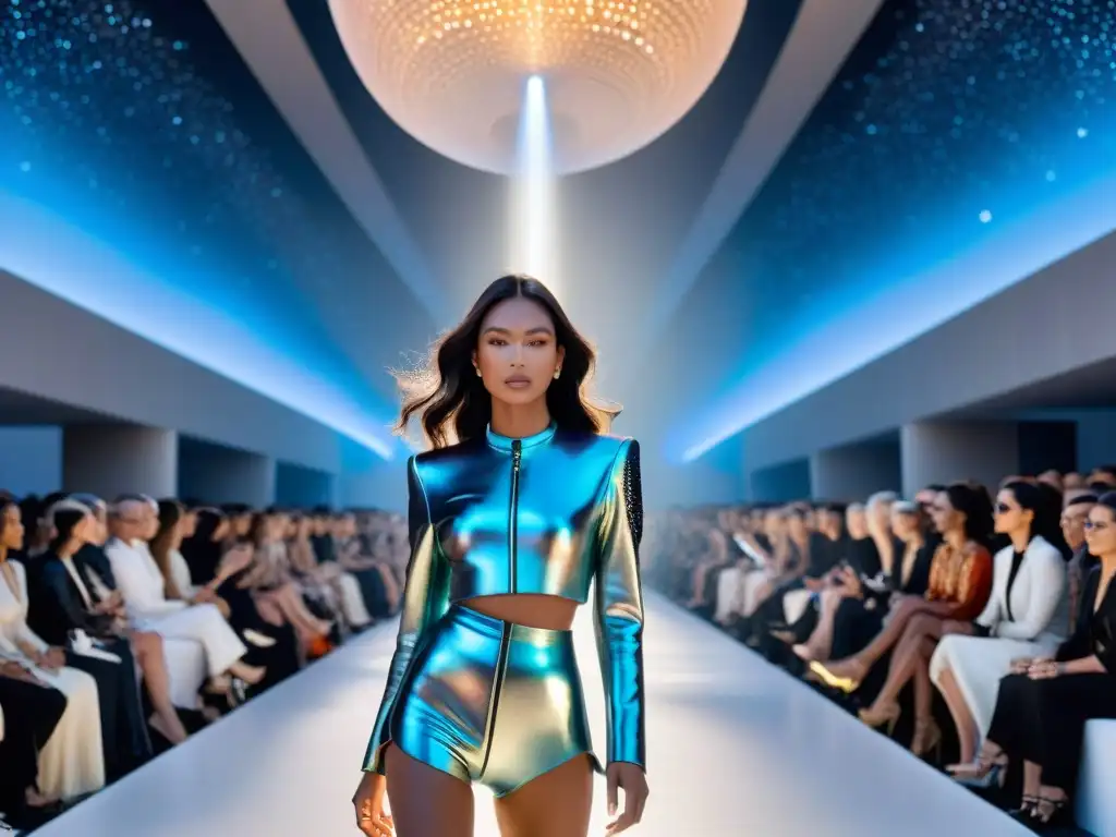 Desfile de moda futurista en el espacio con prendas fanáticas del espacio, espectadores asombrados por galaxias holográficas