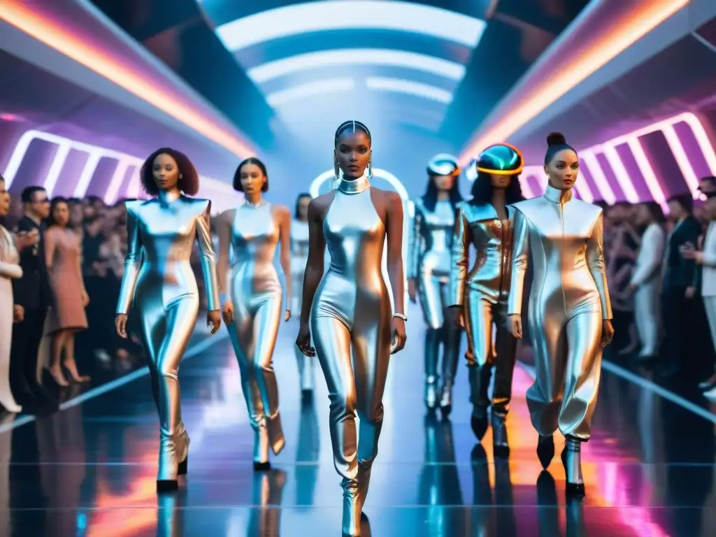 Desfile futurista en metrópolis sci-fi luminosa Desfile de moda influenciada por la ciencia ficción en una metrópolis futurista