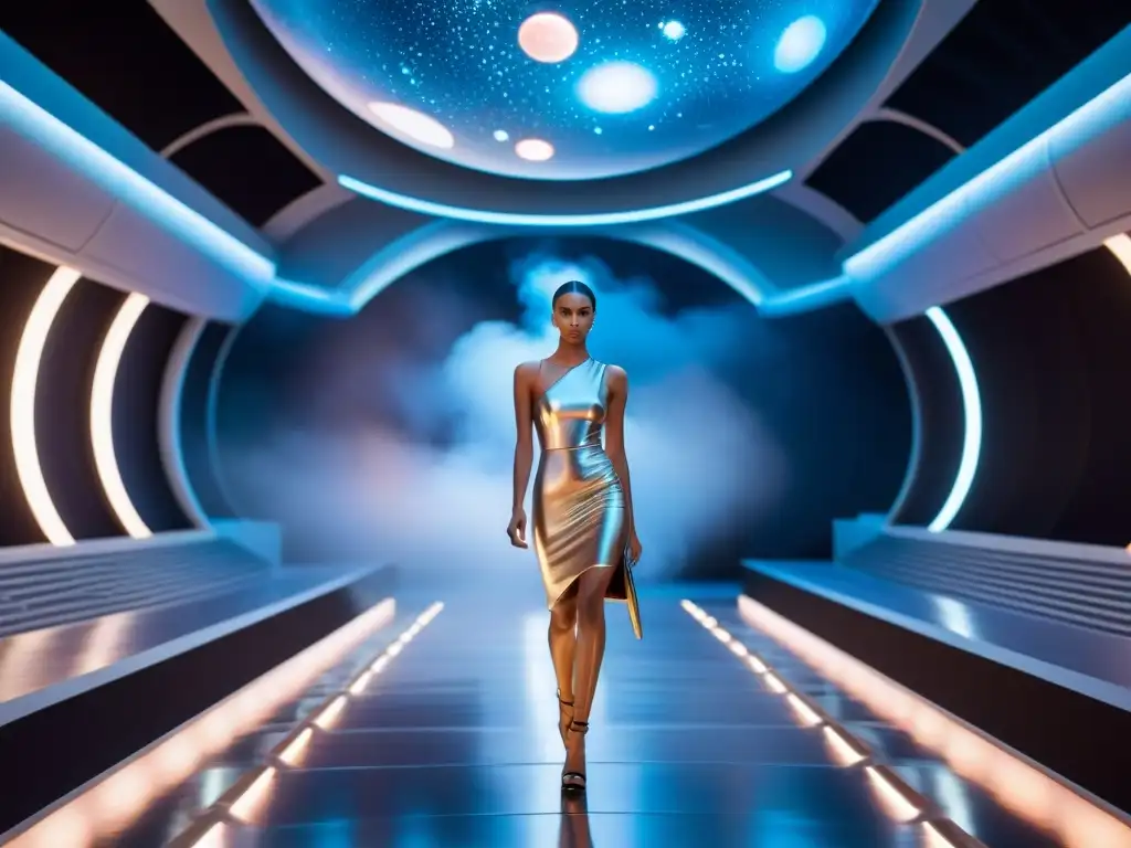 Desfile intergaláctico: moda futurista en estación espacial Desfile de moda influenciada por la ciencia ficción en una estación espacial futurista con modelos en trajes vanguardistas