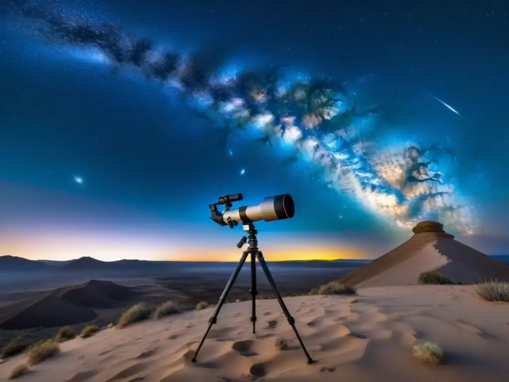 Vía Láctea sobre desierto con telescopio, lugares observar estrellas telescopios turismo