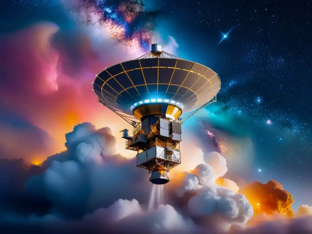 Deslumbrante array de satélites de comunicación en el espacio profundo frente a una nebulosa impresionante