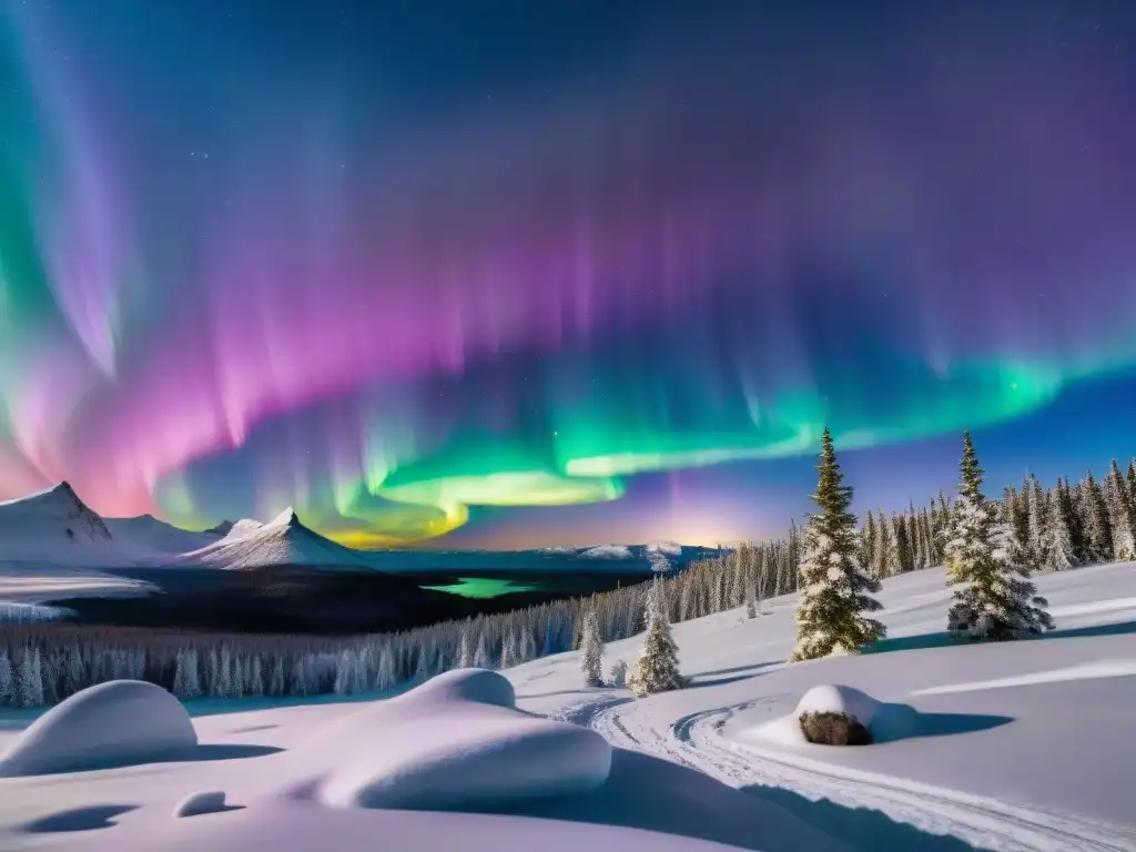 Deslumbrante aurora boreal bailando en el cielo nocturno sobre un paisaje nevado