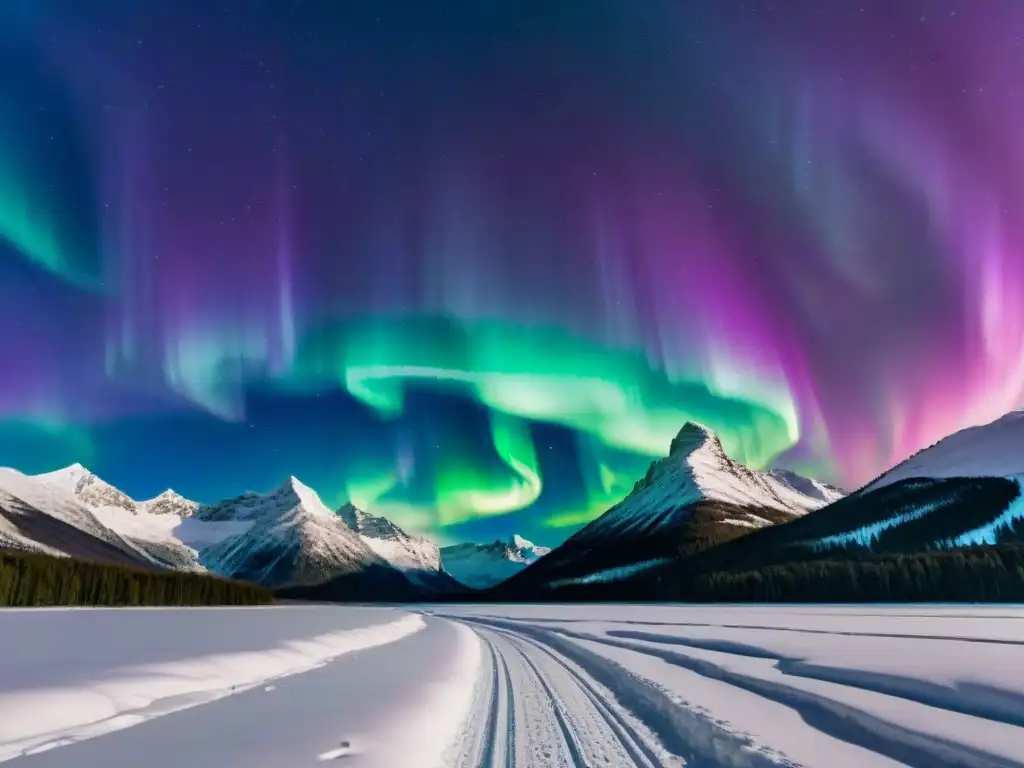 Deslumbrante aurora boreal verde y morada sobre paisaje nevado