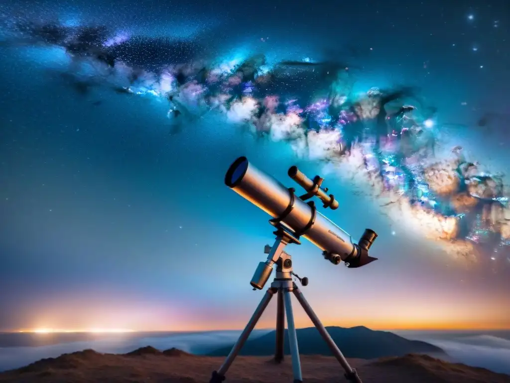 Deslumbrante cielo estrellado y telescopio apuntando al universo, reflejando la gravedad cuántica explicada de forma sencilla