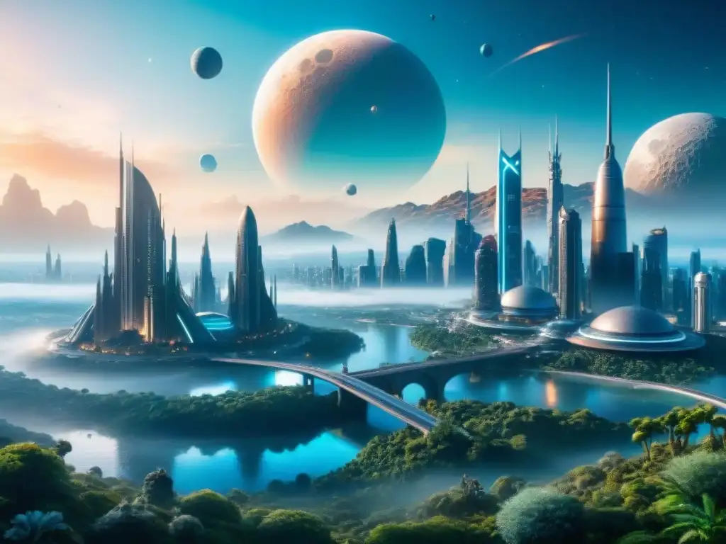 Metrópolis alienígena en planeta remoto Deslumbrante ciudad futurista en un planeta distante con estructuras alienígenas, naves espaciales y flora exótica