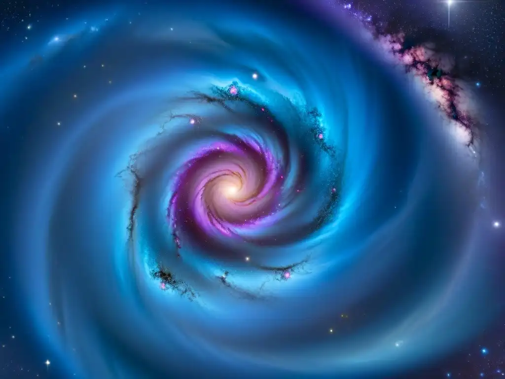 Deslumbrante cosmos estrellado con galaxia espiral en el centro y nebulosas azules, moradas y rosas