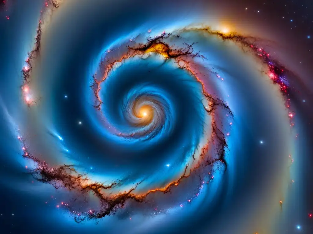 Deslumbrante galaxia espiral con estrellas azules y rojas, gas brillante y polvo cósmico, en un universo infinito