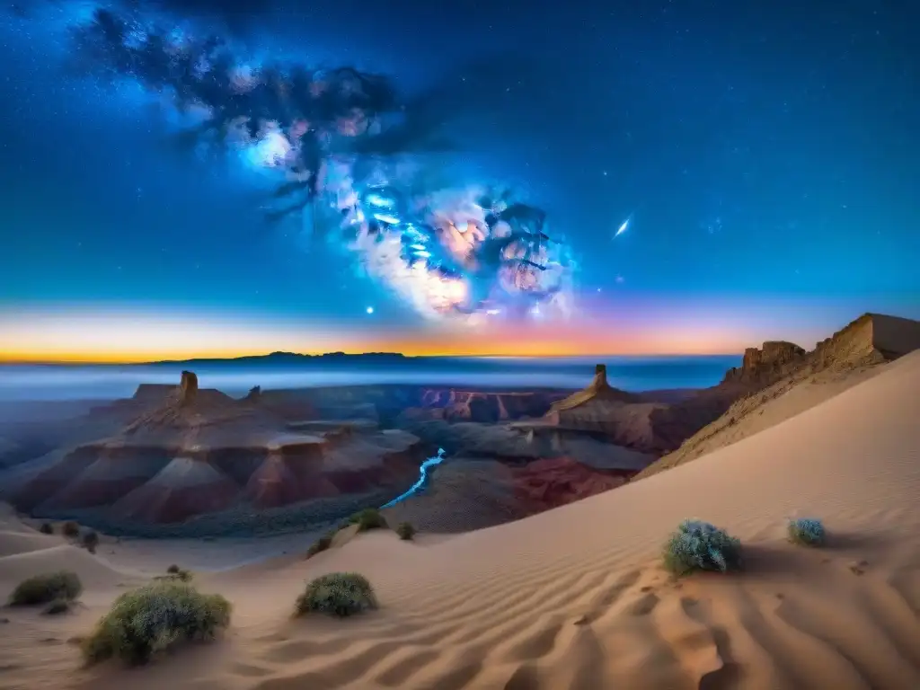 Deslumbrante imagen de la Vía Láctea desde el desierto, con tonos azules, rosados y púrpuras