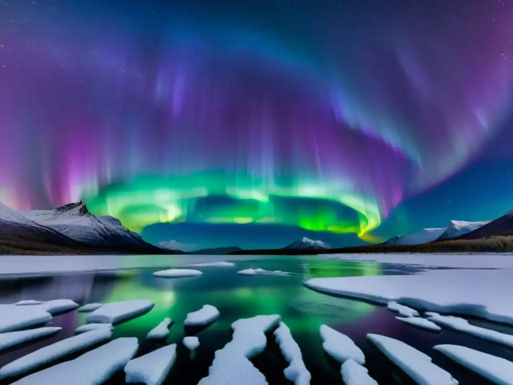 Deslumbrantes auroras boreales danzan en el cielo nocturno sobre un paisaje helado, un fenómeno luminoso natural