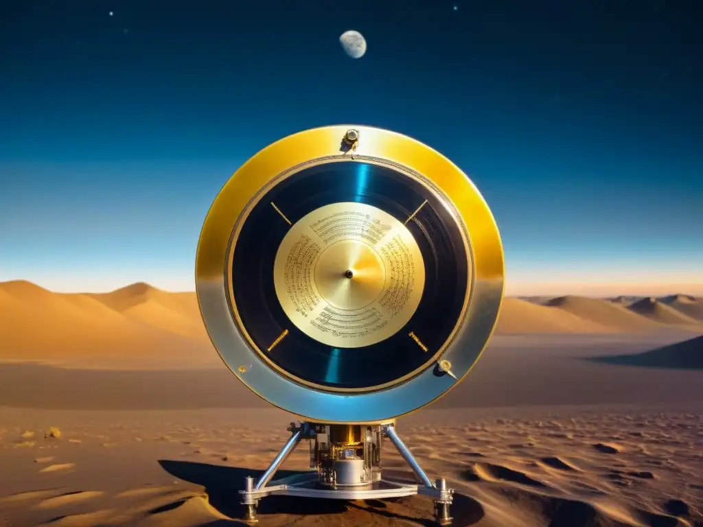 Una detallada imagen de la placa dorada Voyager Golden Record, lanzada al espacio en 1977, destacando la exploración espacial y legado Carl Sagan