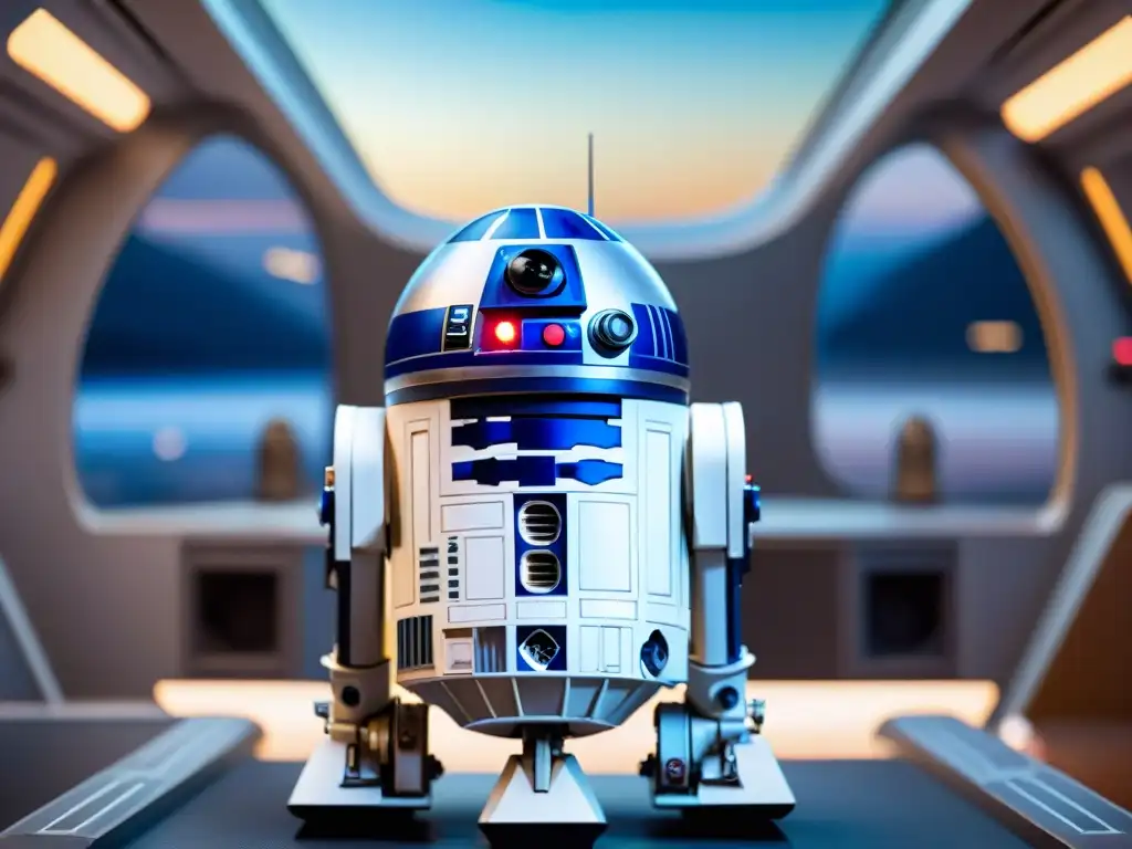 Detallada imagen de R2D2 de Star Wars en una estación espacial futurista, evocando la influencia de los robots en el cine comparados