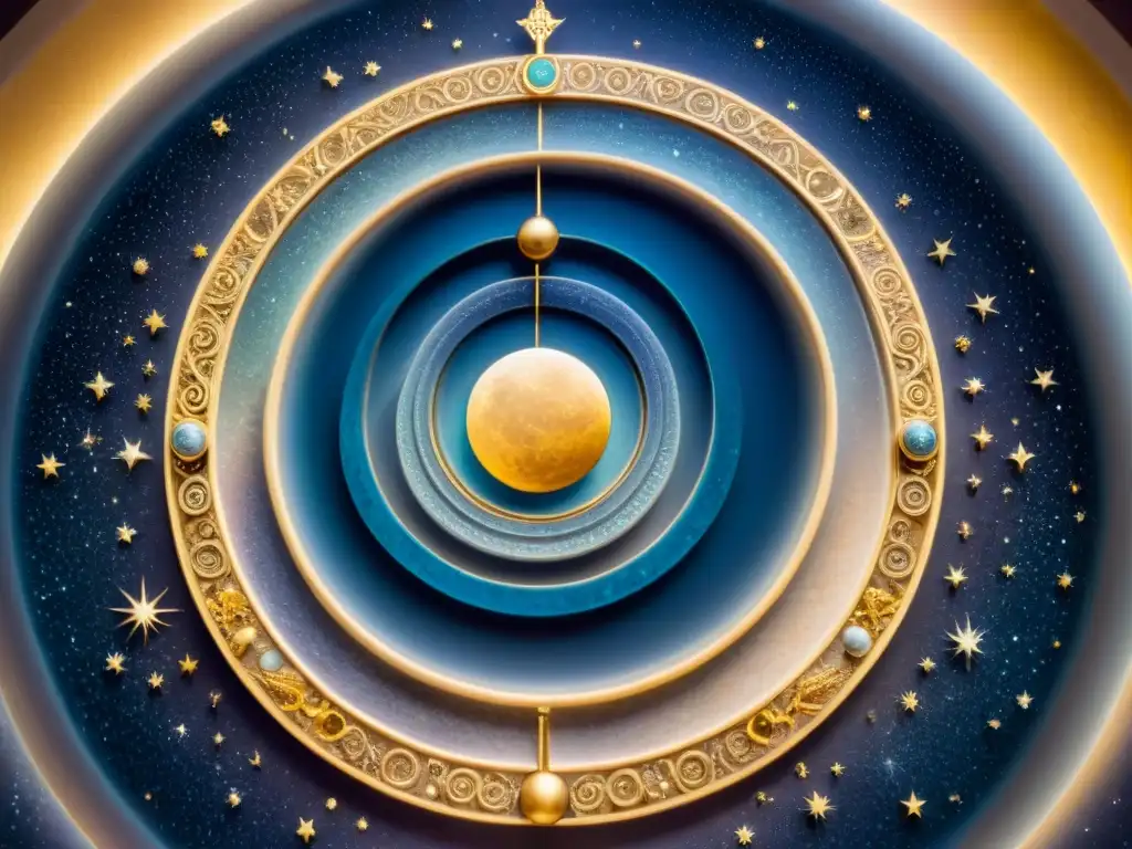 Detallada ilustración preCopernicana en mármol, resaltando importancia heliocentrismo en astronomía