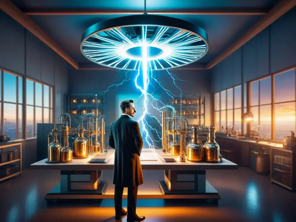 Ilustración detallada de Nikola Tesla en un laboratorio futurista, rodeado de energía y luz